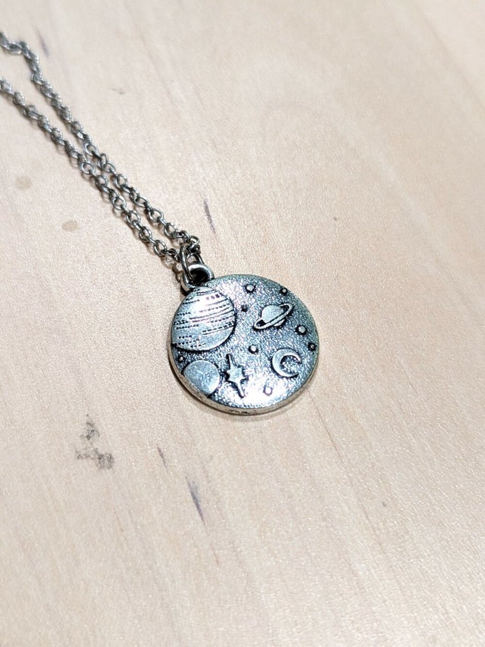 Silver Tone Celestial Space Planets Moon Stars Pendant Necklace